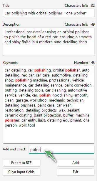 Easy Tagger metadata editor showing real-time keyword duplication detection and spelling error highlighting.