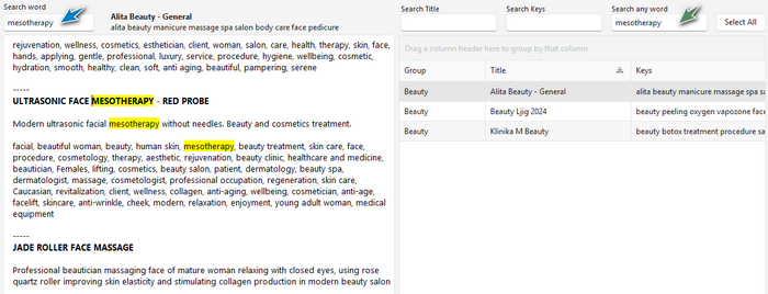 Easy Tagger search dashboard demonstrating lightning-fast filtering of stock photography records with real-time keyword highlighting.