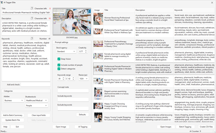 Easy Tagger AI metadata interface showing Deep Vision settings and real-time keywording configuration.