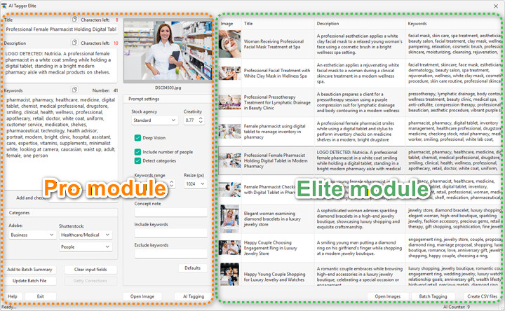 Comparison of Easy Tagger Pro and Elite user interfaces showing batch processing and CSV export features.